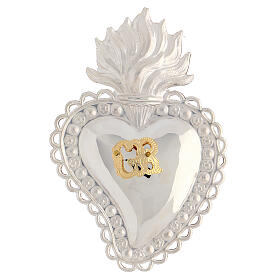 Ex-voto heart with flames and GR letters, 925 silver, 10x7 cm