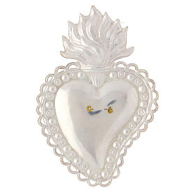 Ex-voto heart with flames and GR letters, 925 silver, 10x7 cm