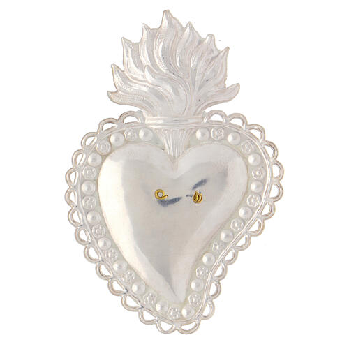 Ex-voto heart with flames and GR letters, 925 silver, 10x7 cm 2