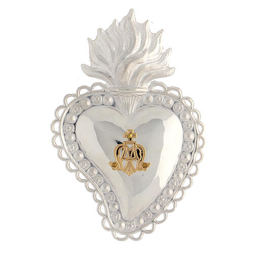 Ex-voto heart with flames and Marial initials, 925 silver, 10x7 cm 1