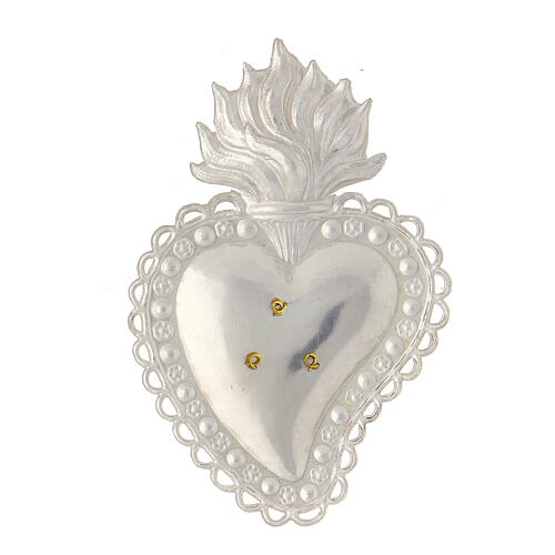 Ex-voto heart with flames and Marial initials, 925 silver, 10x7 cm 2