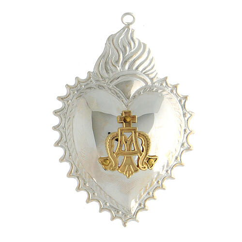 Ex-voto heart with golden Ave Maria initials and flames, 925 silver 1