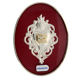 Ex-voto silver heart with flames and GR letters on a frame