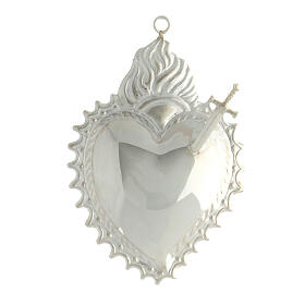 Ex-voto of 925 silver, heart with flames, pierced with a sword