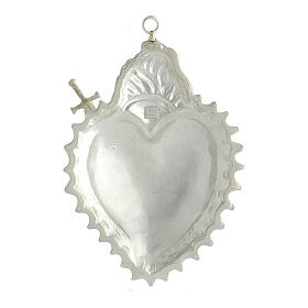 Ex-voto of 925 silver, heart with flames, pierced with a sword