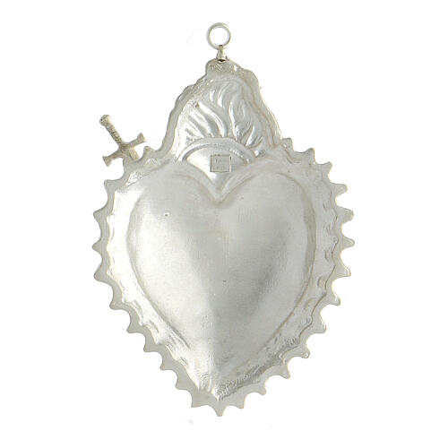 Ex-voto of 925 silver, heart with flames, pierced with a sword 2