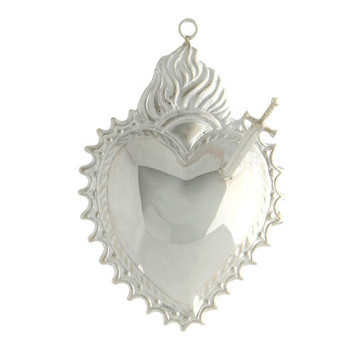 Ex voto heart pierced with sword in 925 silver flames 1