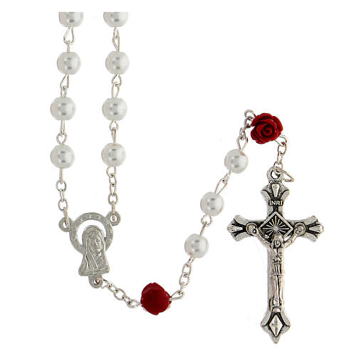 Rosary in imitation pearl 6 mm roses 1