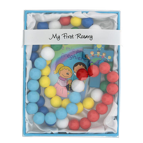 Terço contas multicoloridas madeira 15 mm com livro de orações em ITALIANO 1