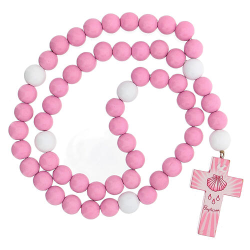 Rosary in wood with pink wooden beads 15 mm with booklet in Italian 2
