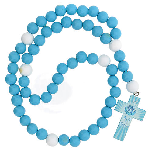 Light blue wooden rosary with 15 mm beads and booklet in Italian 2