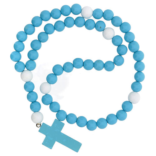 Light blue wooden rosary with 15 mm beads and booklet in Italian 4