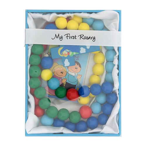 Terço contas multicoloridas madeira 15 mm cruz Nossa Senhora e livro de orações em INGLÊS 1