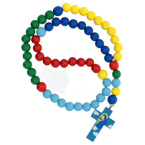 Terço contas multicoloridas madeira 15 mm cruz Nossa Senhora e livro de orações em INGLÊS 2