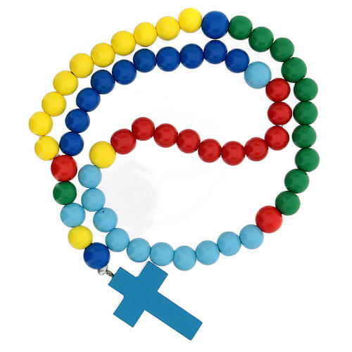 Terço contas multicoloridas madeira 15 mm cruz Nossa Senhora e livro de orações em INGLÊS 4