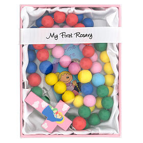 Multicoloured wooden rosary Mary with 15 mm beads and booklet in Italian