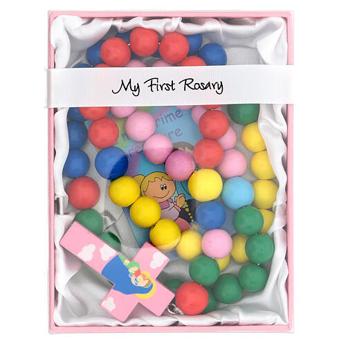 Multicoloured wooden rosary Mary with 15 mm beads and booklet in Italian 1