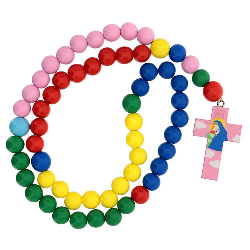 Multicoloured wooden rosary Mary with 15 mm beads and booklet in Italian 2