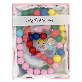 Multicoloured wooden rosary Mary with 15 mm beads and booklet in English