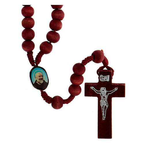 Rosenkranz in rot an Schnur mit Holzperlen und Pater Pio, 8 mm 1
