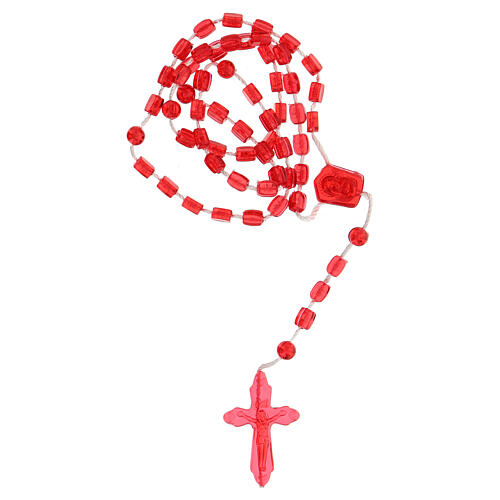 Rosary with red plastic beads on string with box Merciful Jesus 3x5 3