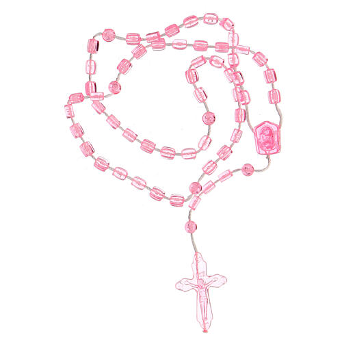 Rosary with red plastic beads on a string with box St. Pio 3