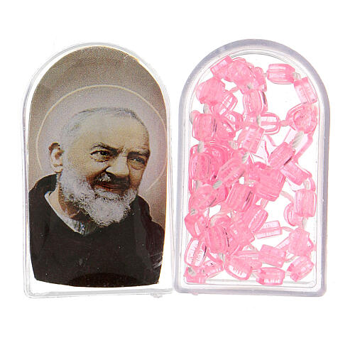 Cord rosary with pink beads and Saint Pio box 3x5 mm 1