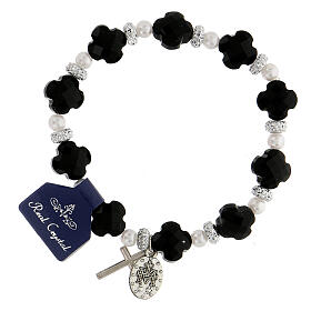 Elastic bracelet in black crystal faux pearl and rhinestones