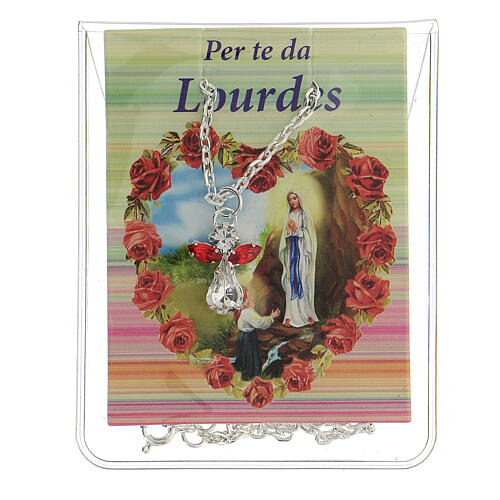Kleine Halskette mit Engel aus rotem Kristall und Lourdes-Karte auf Italienisch 1