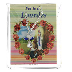 Kleine Halskette mit Engel aus blauem Kristall und Lourdes-Karte auf Italienisch