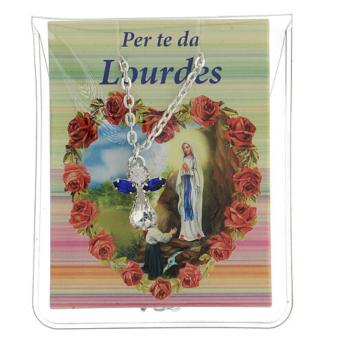 Kleine Halskette mit Engel aus blauem Kristall und Lourdes-Karte auf Italienisch 1