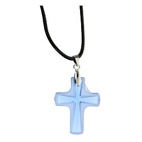 Light blue glass cross pendant with black string