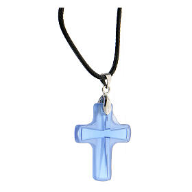 Light blue glass cross pendant with black string