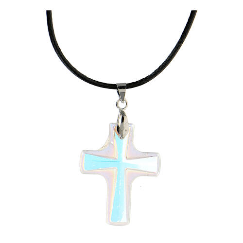 Croix pendentif verre iridescent cordon noir 1