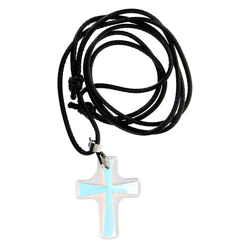 Croix pendentif verre iridescent cordon noir 3