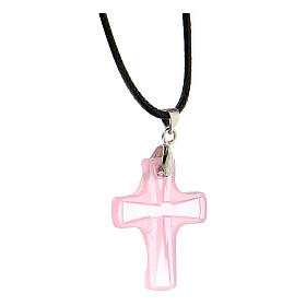 Pink glass cross pendant with string necklace