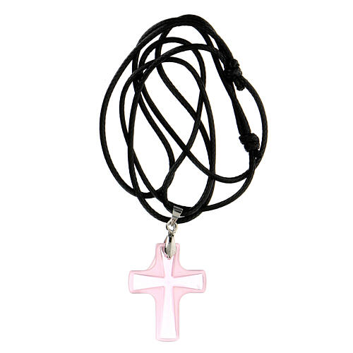Pink glass cross pendant with string necklace 3