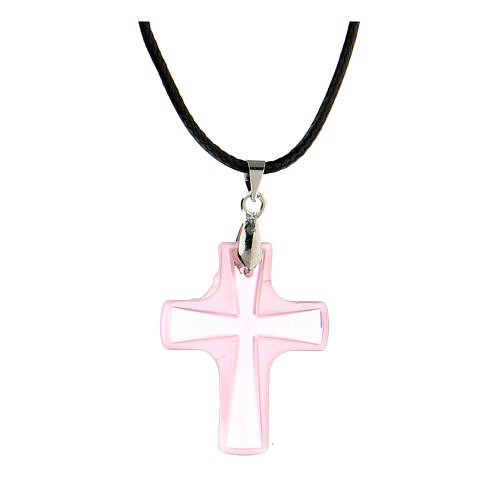 Croix pendentif verre rose cordon noir 1