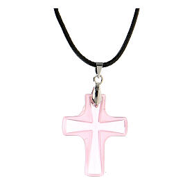 Pink white glass cross on cord 3x2.5 cm