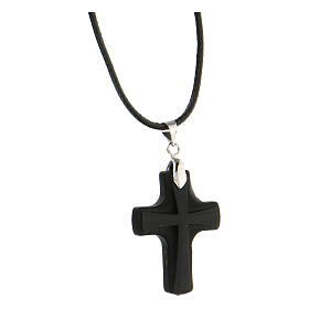 Black glass cross pendant 3x2.5 cm on black string