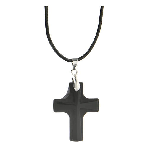 Black glass cross pendant 3x2.5 cm on black string 1