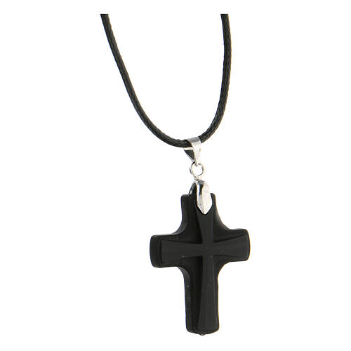 Black glass cross pendant 3x2.5 cm on black string 2
