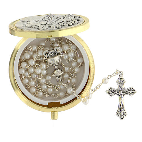 Round rosary case with white imitation pearl rosary, 4 mm beads 2