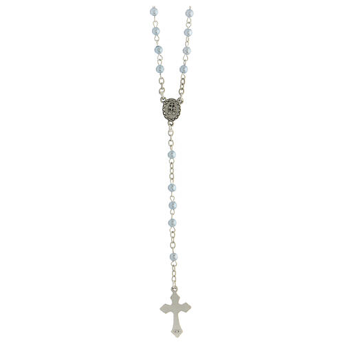 Rosenkranzdose, Wundertätige Madonna mit Rosenkranz aus hellblauen Kunstperlen, 4 mm 5