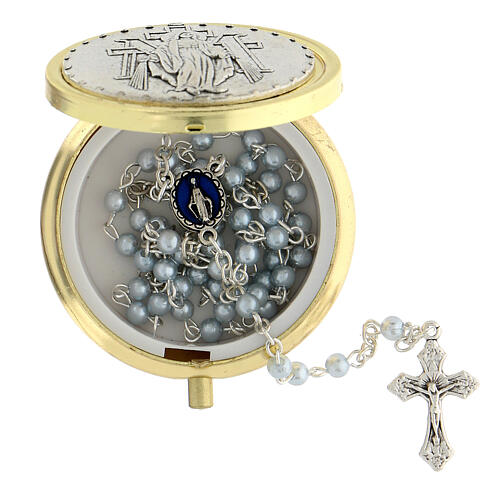 Rosary case of the Miraculous Medal with light blue imitation pearl rosary 2