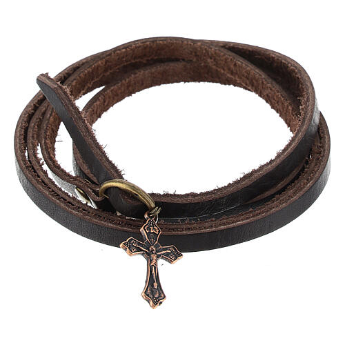 Bracelet with brown strap and coppery cross 2