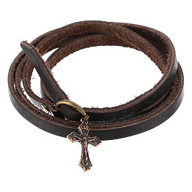 Brown strap cross bracelet coppery pendant