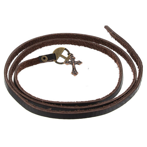 Brown strap cross bracelet coppery pendant 1