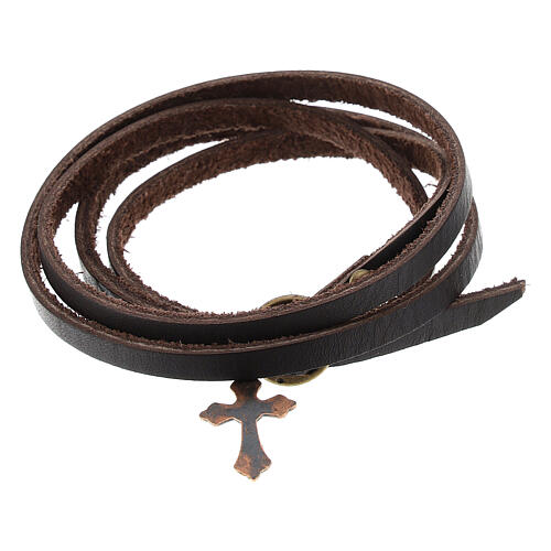 Brown strap cross bracelet coppery pendant 3