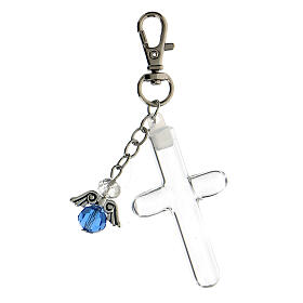 Schlüsselbund mit Anhänger in Form eines hellblauen Engels und mit einem öffnenden Kreuz